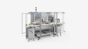 Cheese cutting machine from ALPMA GmbH with a user interface for automated processing and portioning of cheese.