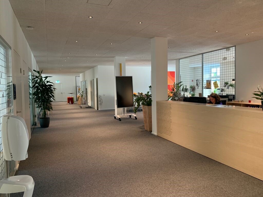 The new entrance area after the renovation of Alphagate's HQ.