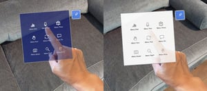 Hand interagiert mit einem schwebenden Augmented-Reality-Menü über einer Couch.