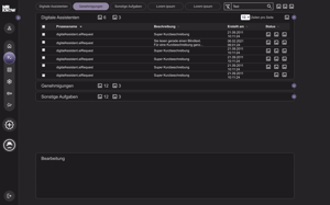 MR.KNOW interface with a tabular view of digital assistants, approvals, and tasks, presented in a dark design with tab navigation.