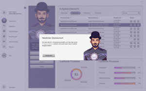 MR.KNOW user interface with a popup message congratulating the user on a level-up and the unlocking of a new feature, displayed above the task overview.